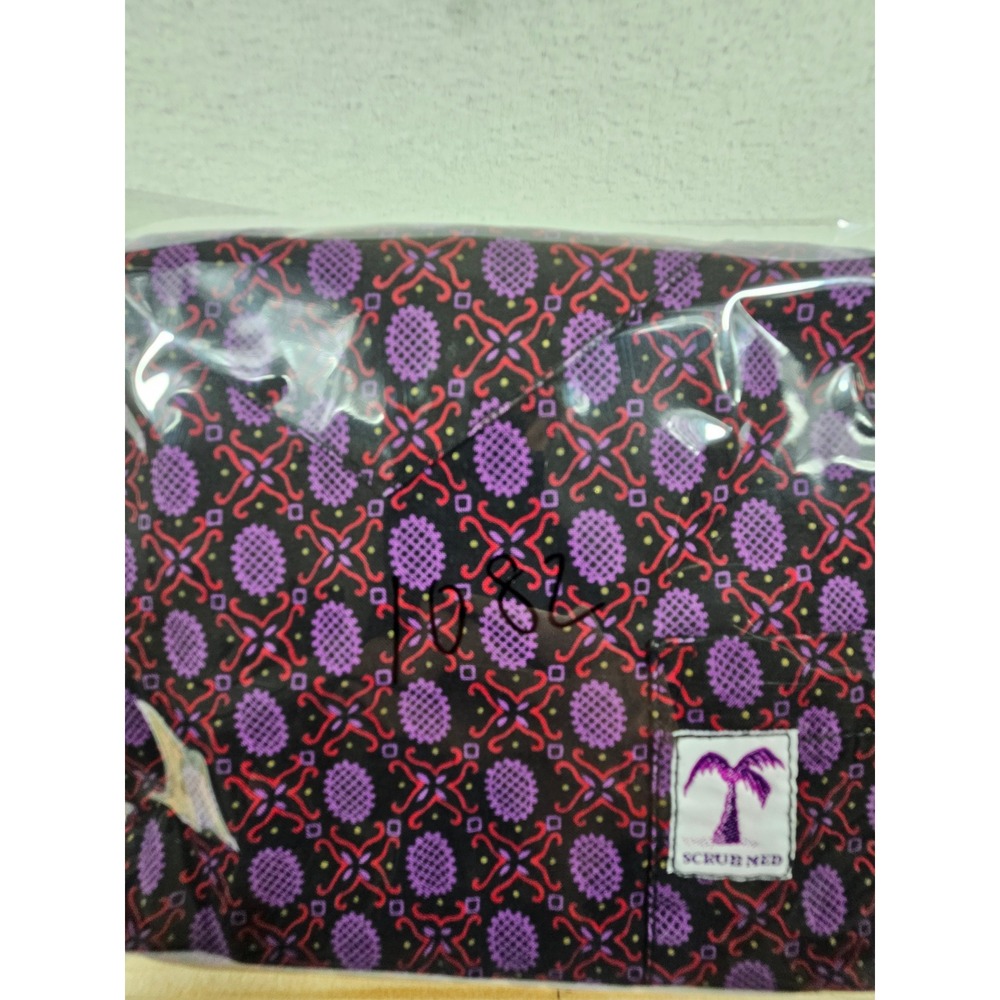 Scrub Med Purple Red Pineapple Geometric Print Scrub Top Short Sleeve Medical - Picture 7 of 7